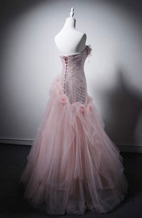 Unique Sweetheart Tulle Long Pink Prom Dress with Beads