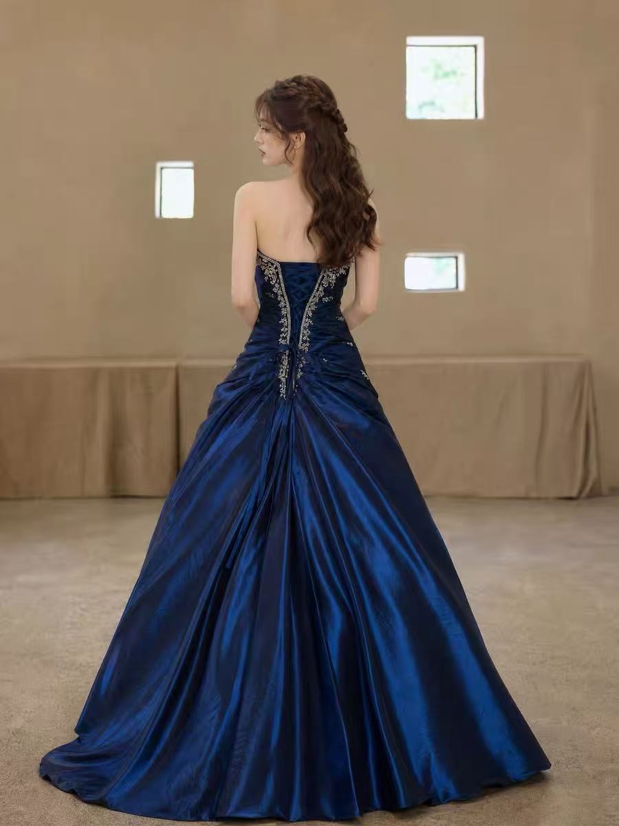 A-line Satin Blue Long Prom Dress, Blue Long Evening Dress with Lace Sequin