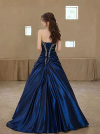 A-line Satin Blue Long Prom Dress, Blue Long Evening Dress with Lace Sequin