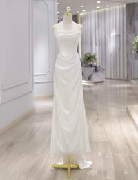 A-Line Satin White Long Prom Dress, White Long Evening Dress