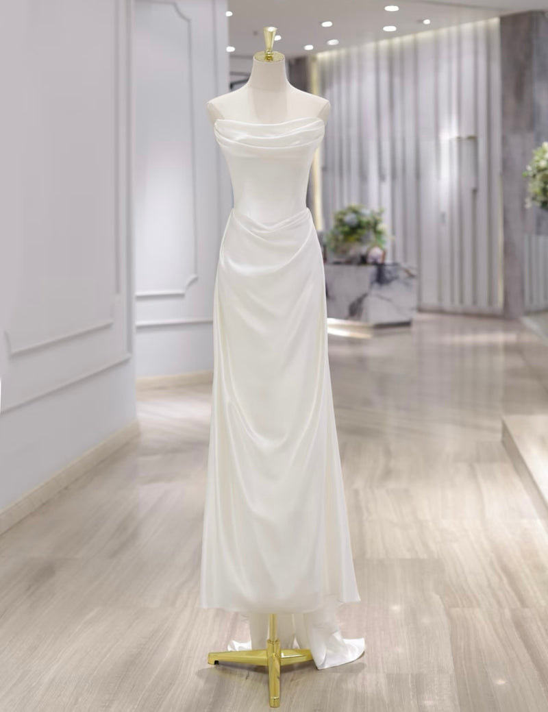 A-Line Satin White Long Prom Dress, White Long Formal Dress