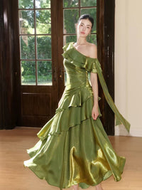 A-line One Shoulder Silk Green Long Prom Dress