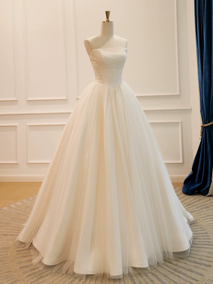 A-Line Tulle Light Champagne Long Prom Dress, Light Champagne Evening Dress