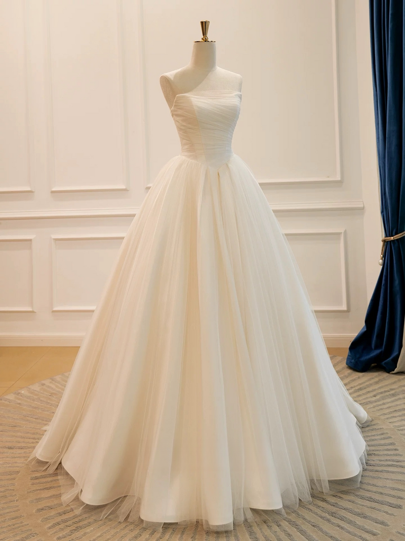 A-Line Tulle Light Champagne Long Prom Dress, Light Champagne Evening Dress