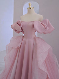A-Line Satin Tulle Pink Long Prom Dress, Pink Long Evening Dress