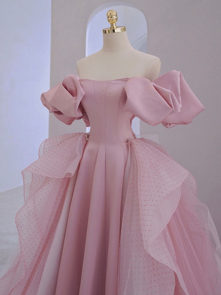A-Line Satin Tulle Pink Long Prom Dress, Pink Long Evening Dress