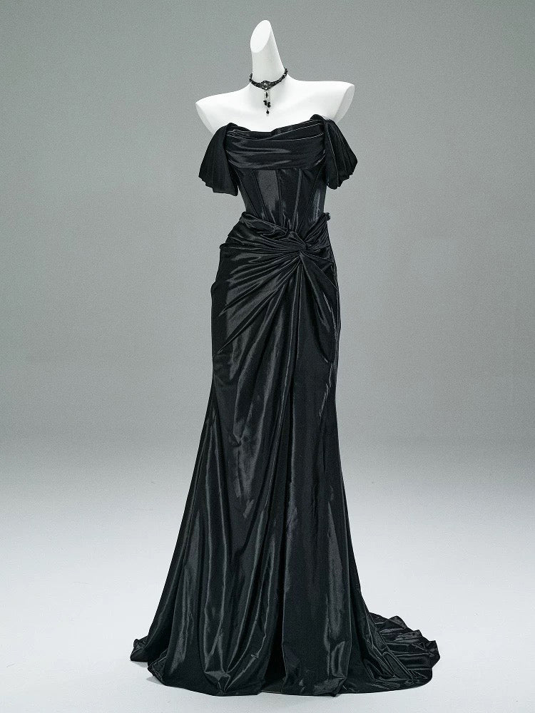 Mermaid Satin Off Shoulder Sweep Train Burgundy Prom Dress