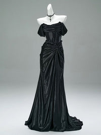 Mermaid Satin Off Shoulder Sweep Train Burgundy Prom Dress