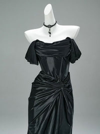 Mermaid Satin Off Shoulder Sweep Train Burgundy Prom Dress