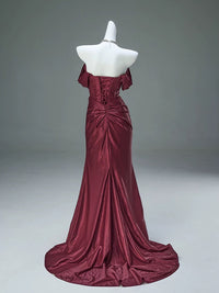 Mermaid Satin Off Shoulder Sweep Train Burgundy Prom Dress