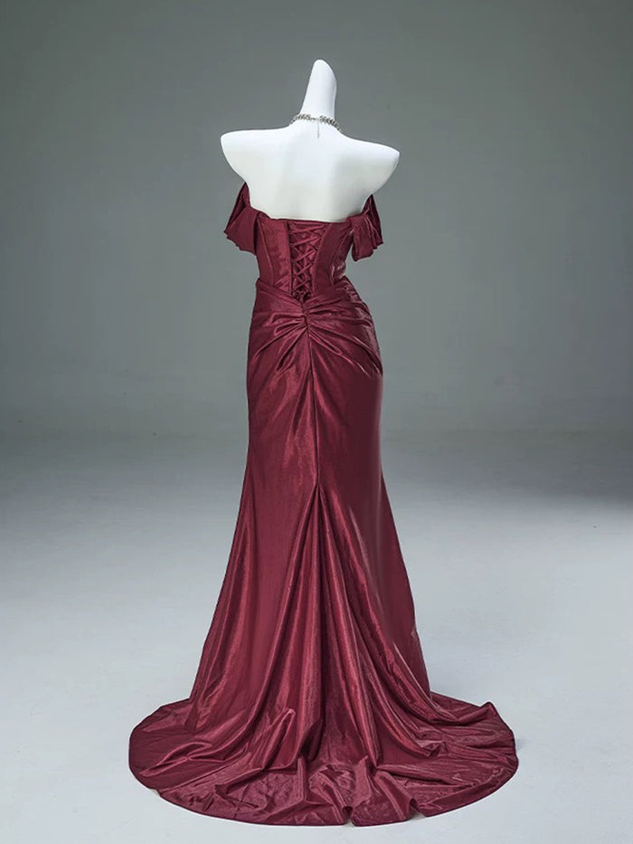 Mermaid Satin Off Shoulder Sweep Train Burgundy Prom Dress