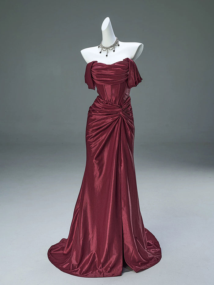 Mermaid Satin Off Shoulder Sweep Train Burgundy Prom Dress