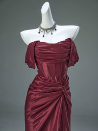 Mermaid Satin Off Shoulder Sweep Train Burgundy Prom Dress