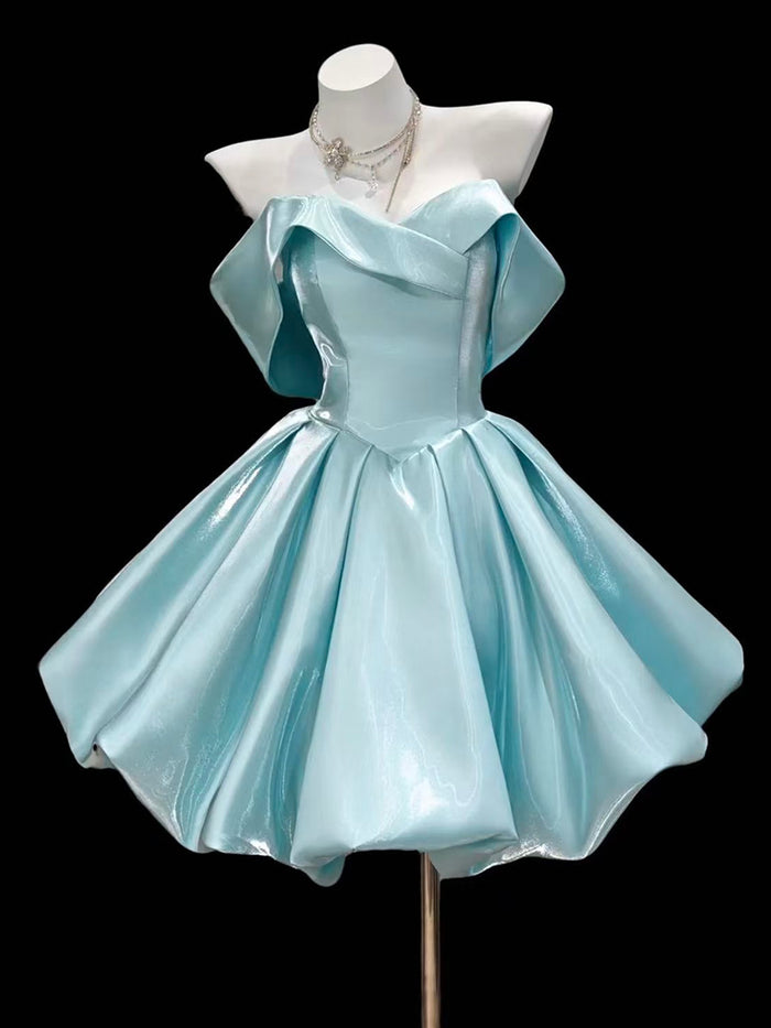 A-Line Sweetheart Neck Off Shoulder Blue Short Prom Dress