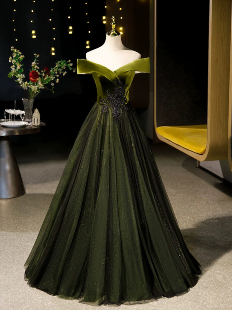 A-Line Off Shoulder Velvet Tulle Green Long Prom Dress, Green Long Formal Dress