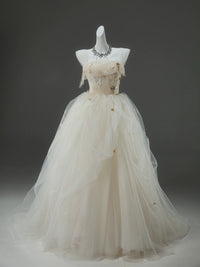 A-line Tulle Sweep Train Champagne Long Prom Dress With Applique