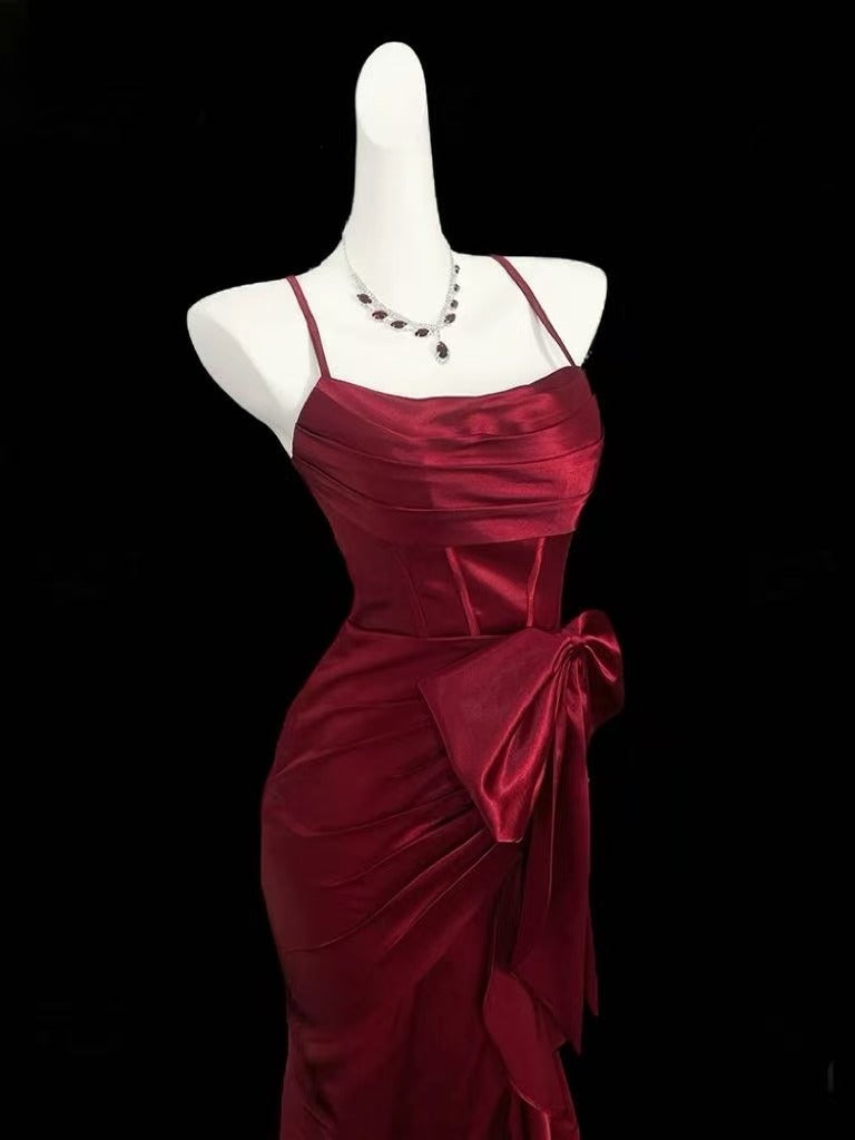 Mermaid Satin Burgundy Long Prom Dress, Burgundy Party Dress