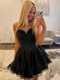 A-Line Sweetheart Neck Tulle Black Short Prom Dress, Black Homecoming Dress