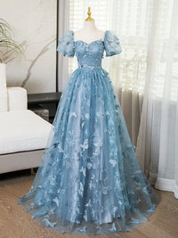 A-Line Puff Sleeves Lace Gray Blue Long Prom Dress, Gray Blue Formal Dress