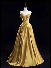A-Line Satin Gold Long Prom Dress, Gold Long Formal Dress