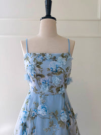 A-Line Tulle 3D Flower Blue Long Prom Dress, Blue Long Formal Dress