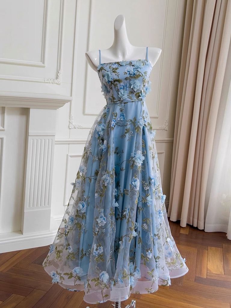 A-Line Tulle 3D Flower Blue Long Prom Dress, Blue Long Formal Dress