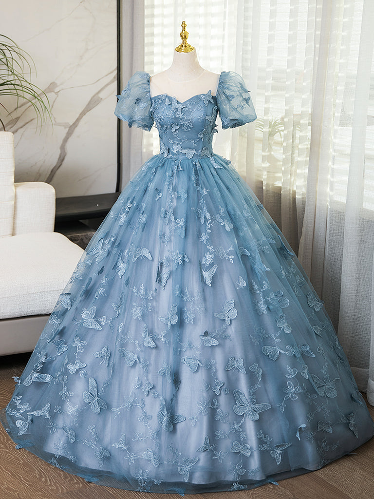 A-Line Puff Sleeves Lace Gray Blue Long Prom Dress, Gray Blue Formal Dress