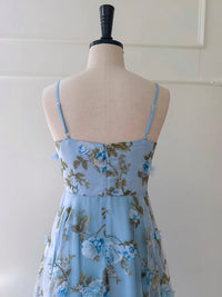 A-Line Tulle 3D Flower Blue Long Prom Dress, Blue Long Formal Dress