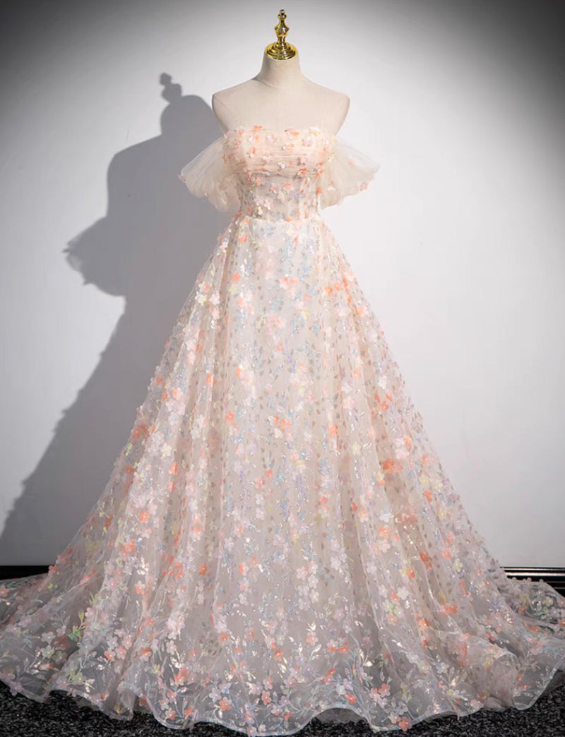 A-Line Off Shoulder Lace Tulle Long Prom Dress, Pink Long Formal Dress