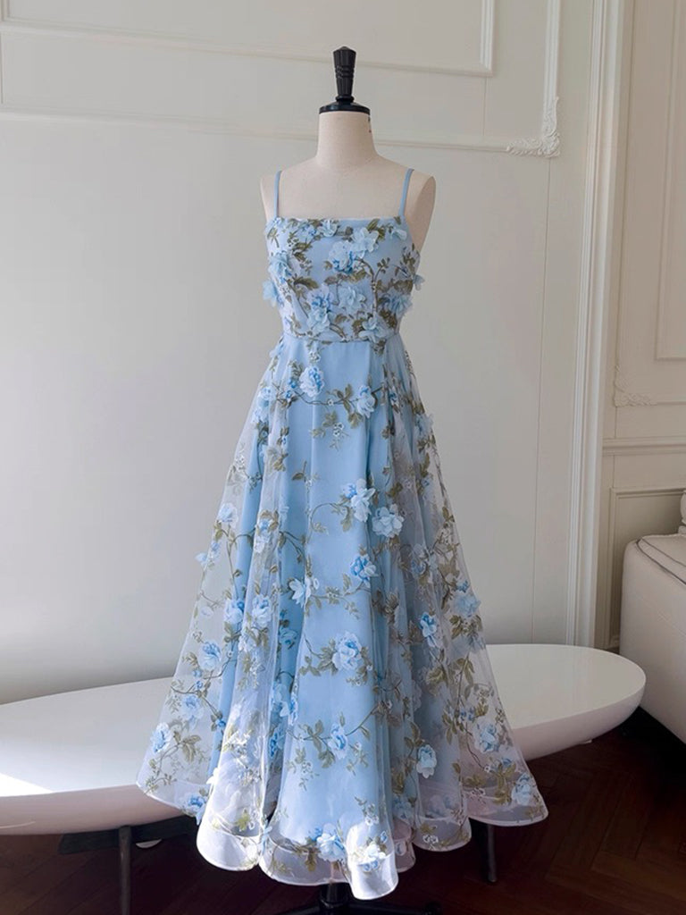 A-Line Tulle 3D Flower Pink Long Prom Dress, Pink Long Formal Dress