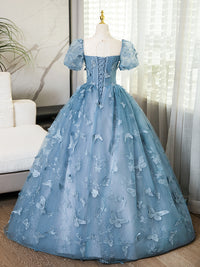 A-Line Puff Sleeves Lace Gray Blue Long Prom Dress, Gray Blue Formal Dress