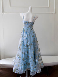 A-Line Tulle 3D Flower Blue Long Prom Dress, Blue Long Formal Dress