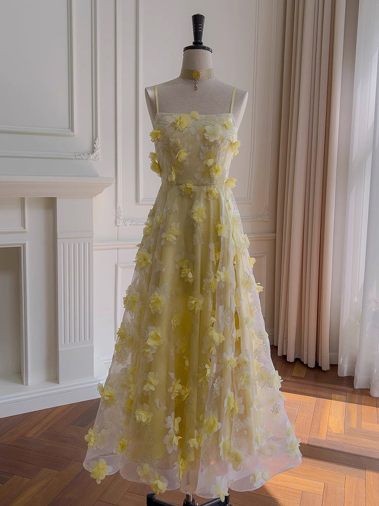 A-Line Tulle 3D Flower Yellow Long Prom Dress, Yellow Long Evening Dress