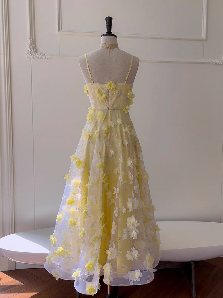 A-Line Tulle 3D Flower Yellow Long Prom Dress, Yellow Long Evening Dress