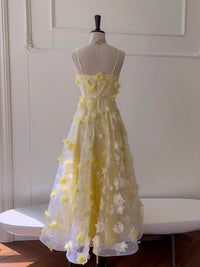 A-Line Tulle 3D Flower Yellow Long Prom Dress, Yellow Long Evening Dress