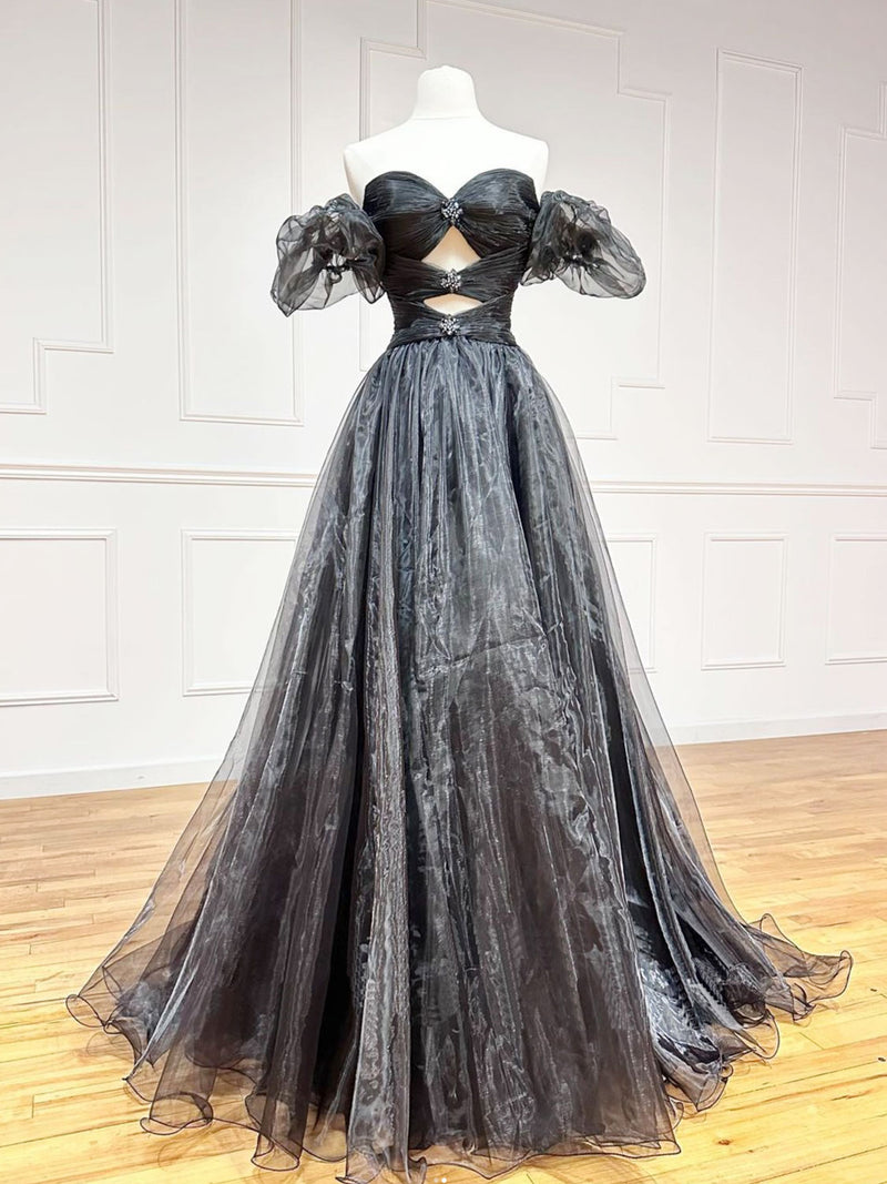 A-Line Off Shoulder Black Long Prom Dresses, Black Formal Evening Dress