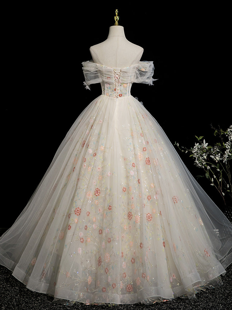 A-Line Off Shoulder Tulle Lace Light Champagne Long Prom Dress with Flower