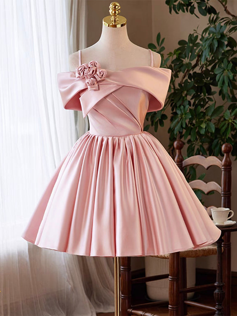 A-line Off Shoulder Satin Pink Short Prom Dress, Pink Homecoming Dress
