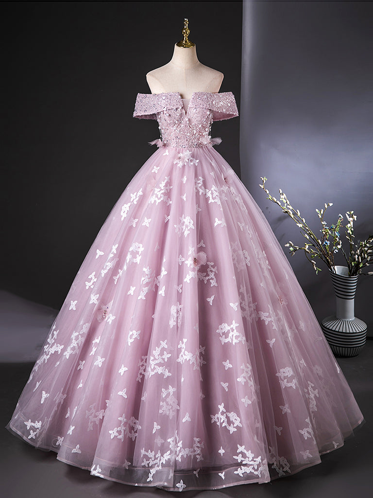 A-Line Off Shoulder Tulle Lace Pink Long Prom Dress, Pink Long Formal Dress