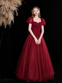 A-Line Puff Sleeves Tulle Burgundy Long Prom Dress, Burgundy Long Evening Dress