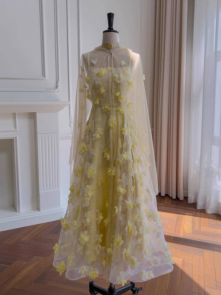 A-Line Tulle 3D Flower Yellow Long Prom Dress, Yellow Long Evening Dress
