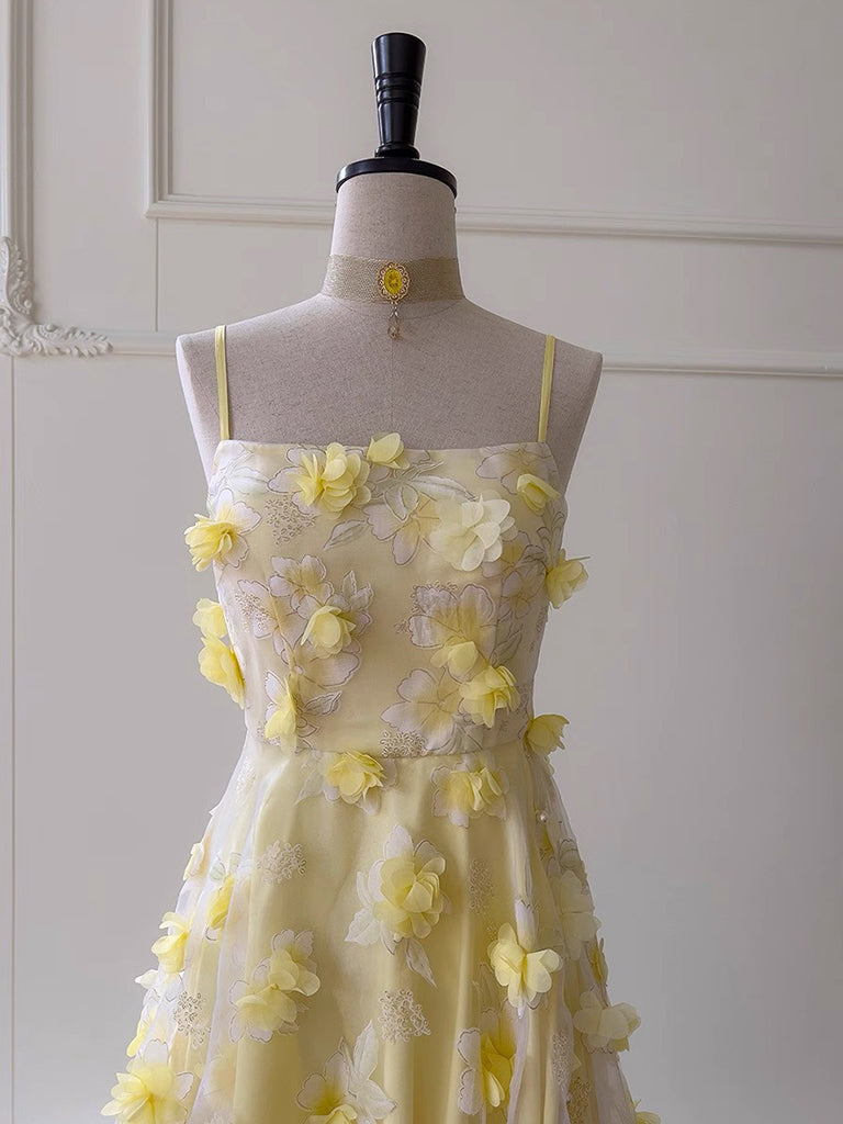 A-Line Tulle 3D Flower Yellow Long Prom Dress, Yellow Long Evening Dress