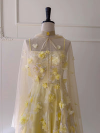A-Line Tulle 3D Flower Yellow Long Prom Dress, Yellow Long Evening Dress