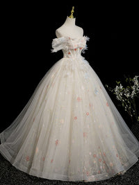 A-Line Off Shoulder Tulle Lace Light Champagne Long Prom Dress with Flower