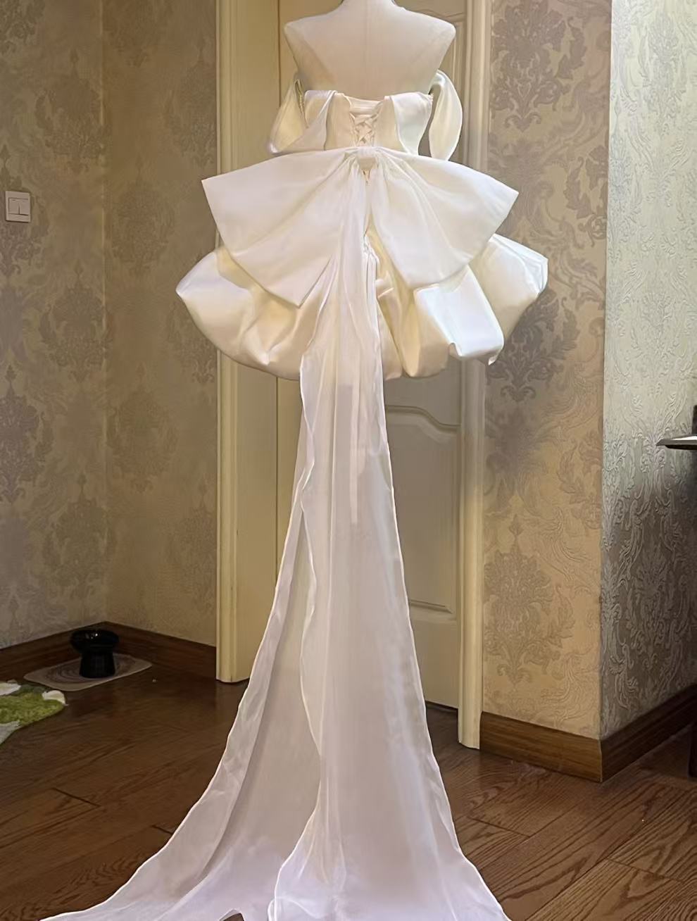 White Off Shoulder Satin Short Prom Dress, White Homecoming Dress with Beads