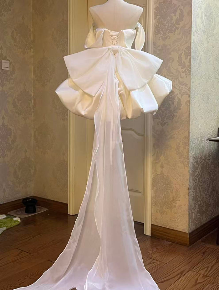 White Off Shoulder Satin Short Prom Dress, White Homecoming Dress with Beads