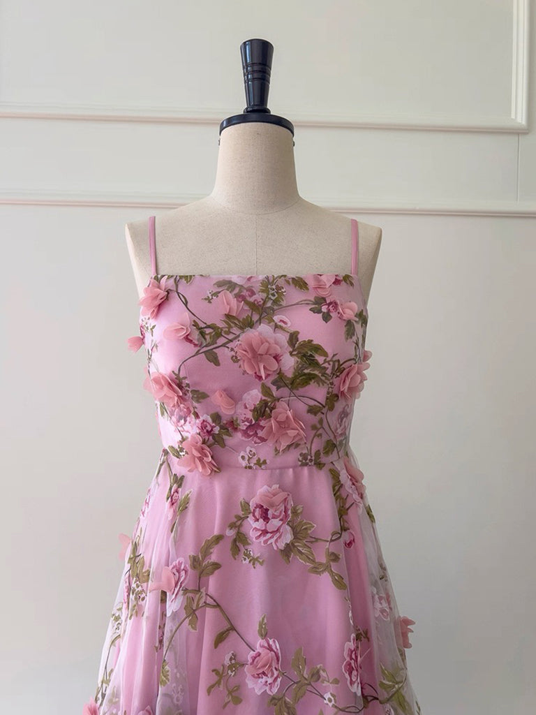 A-Line Tulle 3D Flower Pink Long Prom Dress, Pink Long Formal Dress