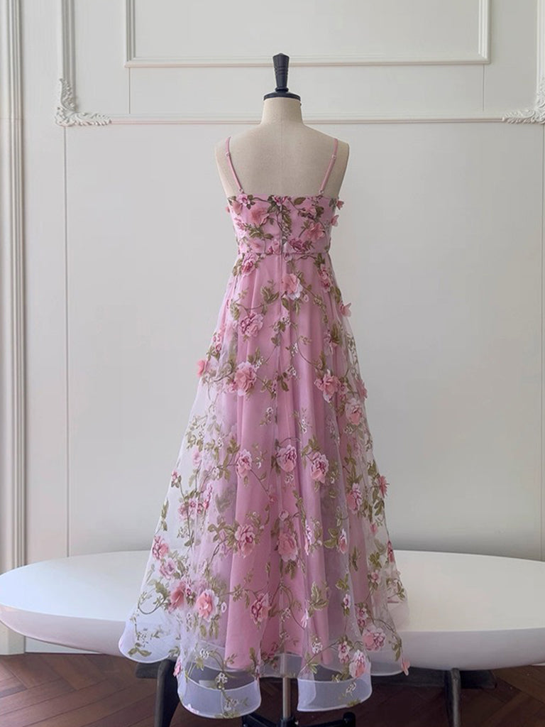A-Line Tulle 3D Flower Pink Long Prom Dress, Pink Long Formal Dress