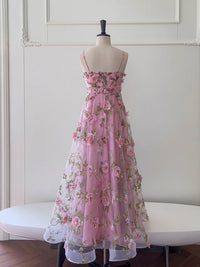 A-Line Tulle 3D Flower Pink Long Prom Dress, Pink Long Formal Dress