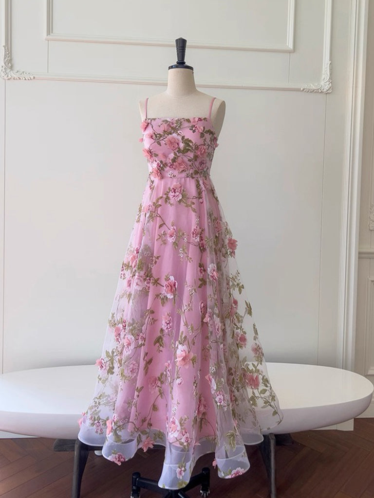A-Line Tulle 3D Flower Pink Long Prom Dress, Pink Long Formal Dress